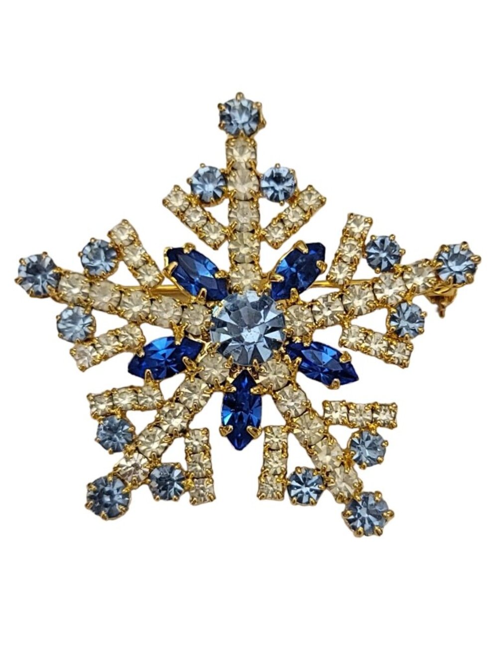 Gold Tone Faux Sapphire Blue Clear Rhinestone Vintage Star Brooch Pin K447